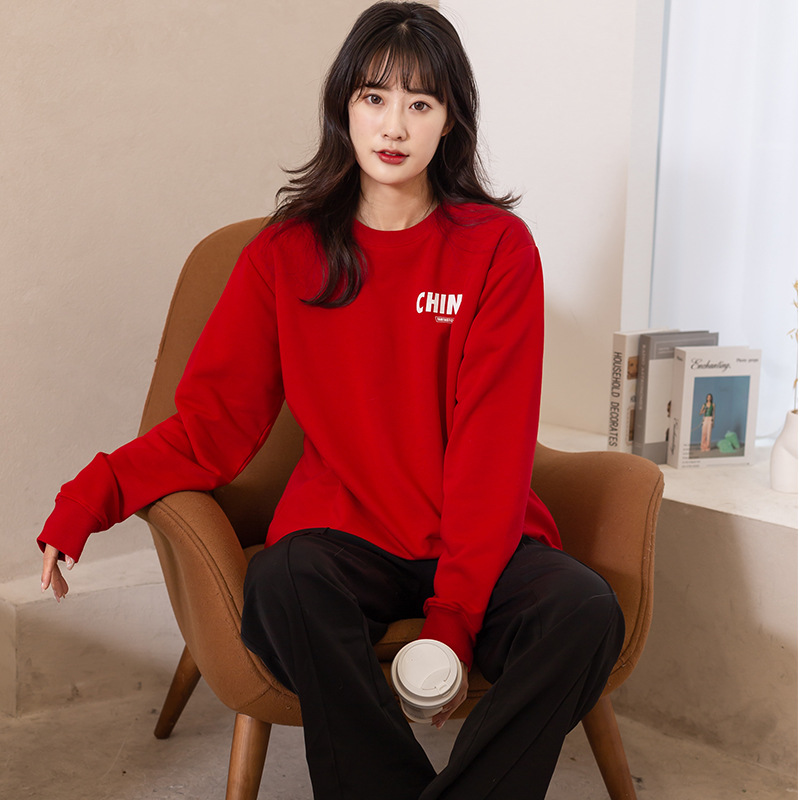 新款秋冬装懒人宽松圆领红色韩版都市休闲套头撞色字母女卫衣