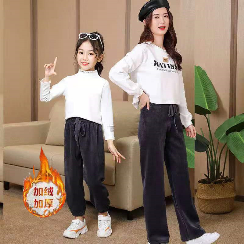 女童灯芯绒裤子加绒加厚2020新款秋冬中大童洋气亲子装母女阔腿裤