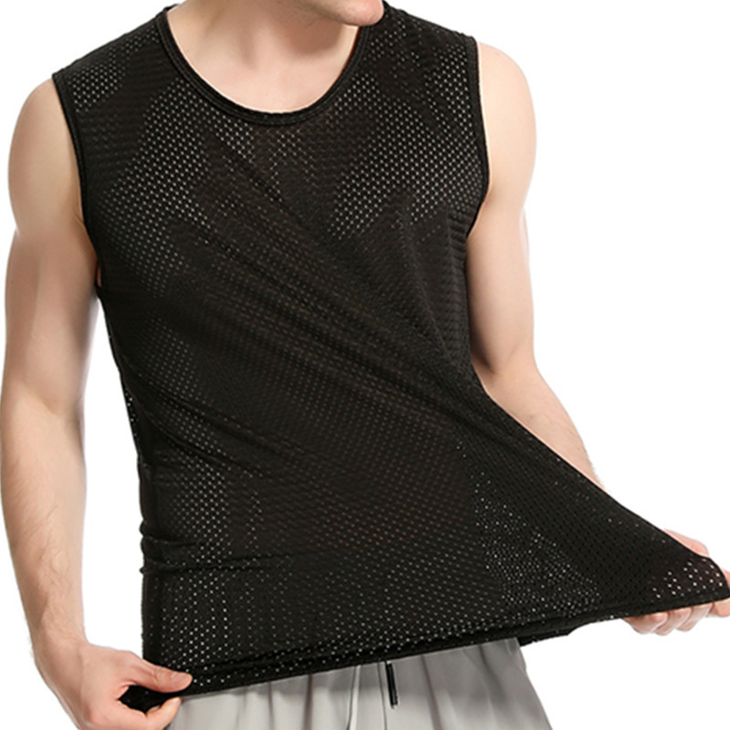 薄款网眼运动背心男士速干镂空高弹透气冰丝大码无袖宽肩圆领背心