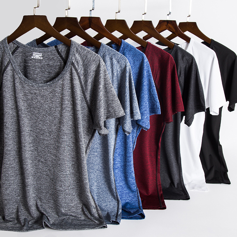 跨境速干运动健身t恤男士健身衣高弹力吸温排汗圆领短袖上衣