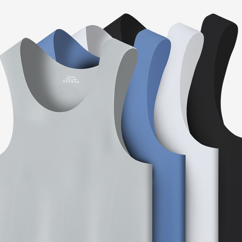 男士冰丝无痕背心白色夏季紧身宽肩V领运动无袖打底薄款一件代发