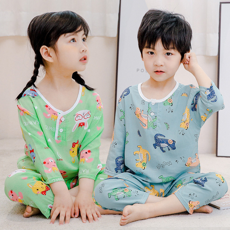 儿童睡衣夏季棉绸男童女孩1-13岁宝宝薄款长袖家居服卡通睡裤套装