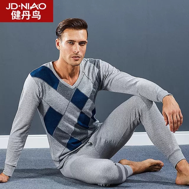 健丹鸟秋衣秋裤纯棉圆领男士薄款棉毛衫青少年V领保暖内衣套装 