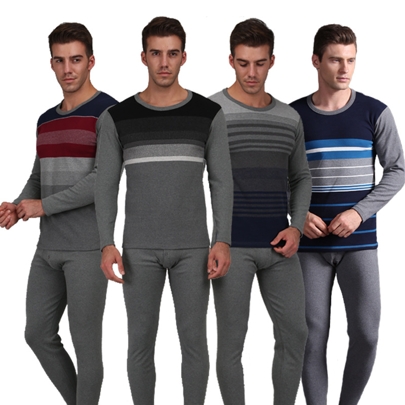 秋冬新款男士舒绒保暖内衣套装圆领修身打底衫可外穿