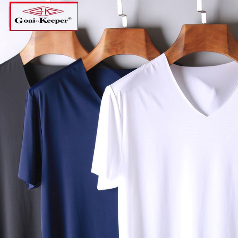 男士薄款冰丝无痕T恤V领短袖透气速干潮流男装半袖体恤打底衫