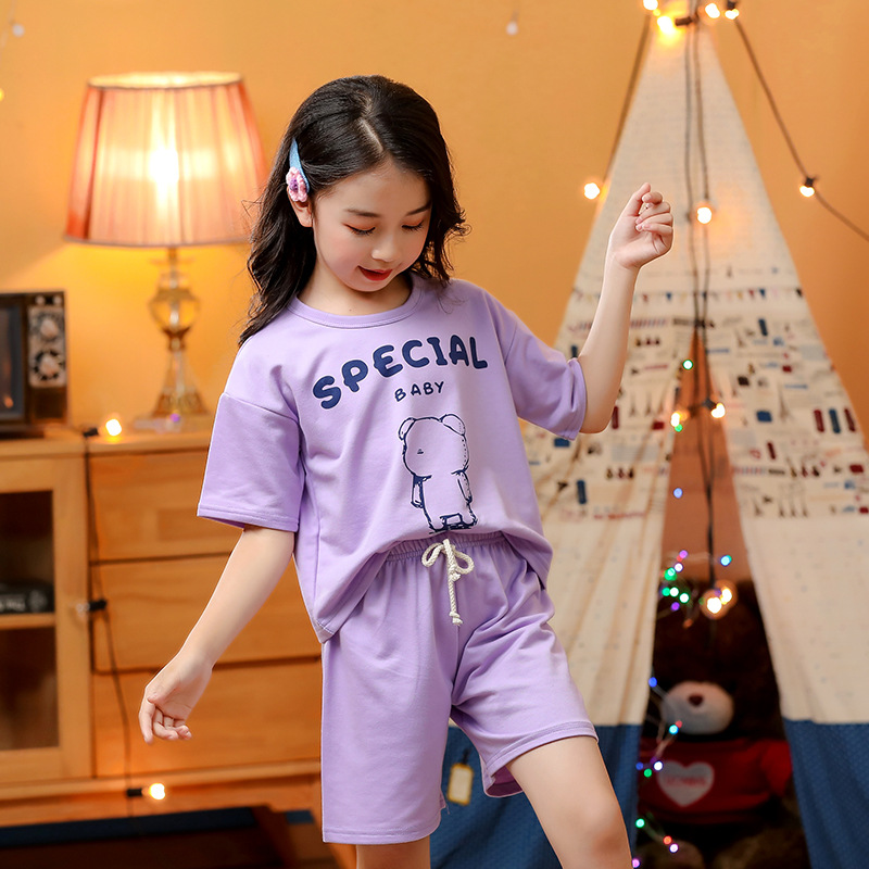 夏季卫衣面料卡通大中小儿童短袖套装薄款男童女童家居服现货批发