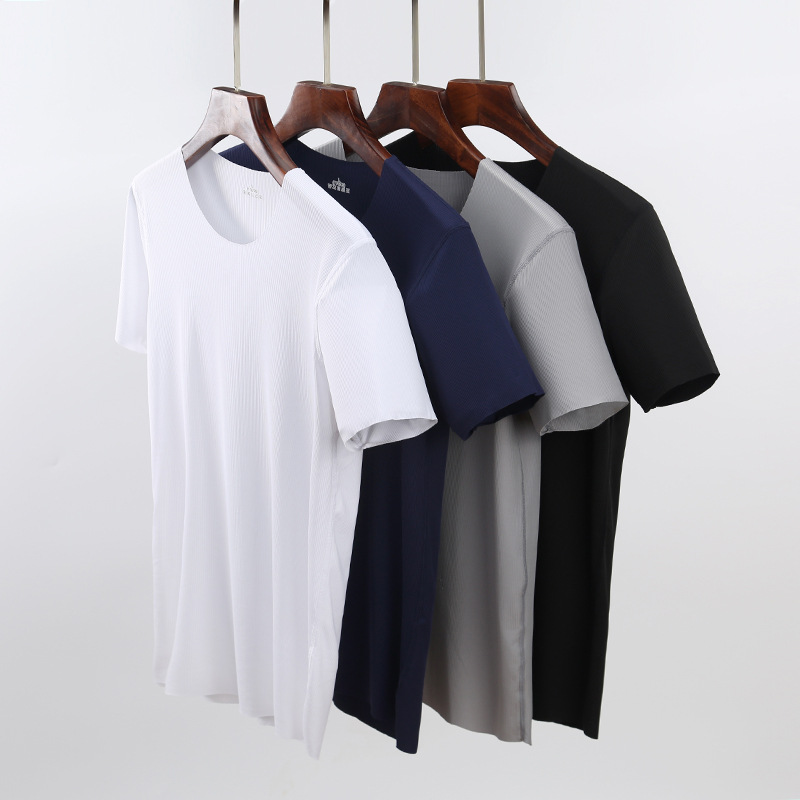 新男无痕圆领螺纹冰丝短袖牛奶丝白t恤上衣快手抖音直播半袖爆款
