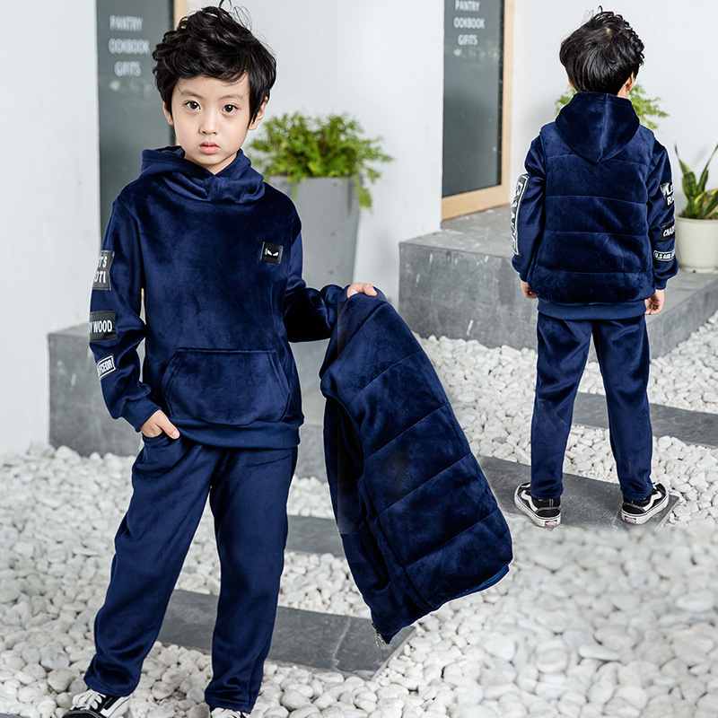 童装男童冬装套装新款儿童中大童秋冬男孩加厚卫衣双面绒三件套
