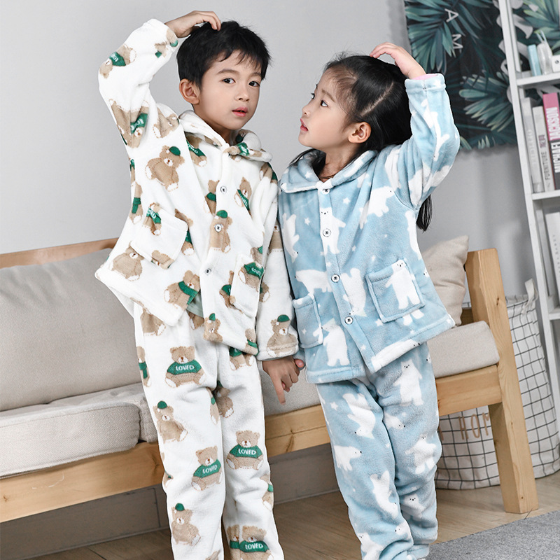 儿童睡衣男童法兰绒秋冬款珊瑚绒加厚冬季男孩中大童家居服套装冬