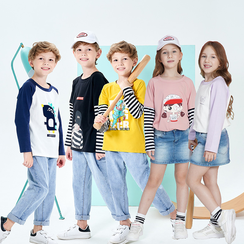 2021春季儿童圆领莱卡棉质卡通长袖T恤打底外穿男童女童修身长袖